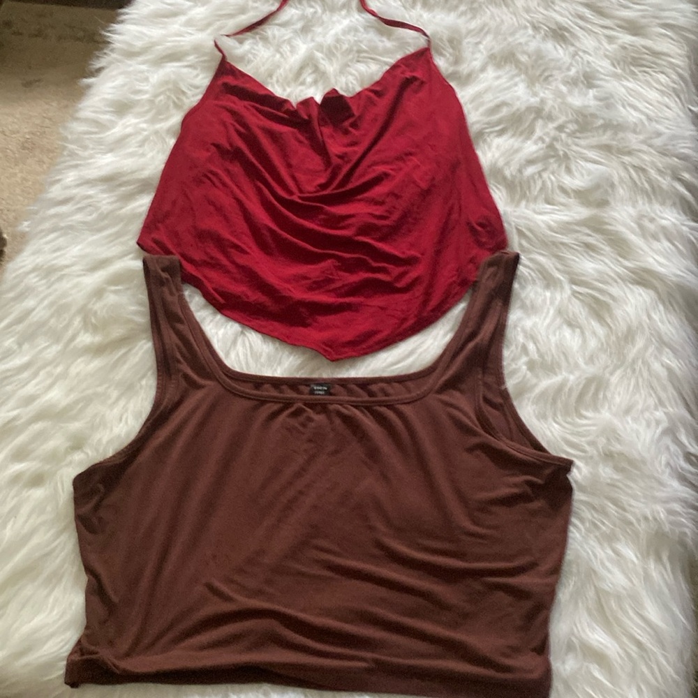 Set of 2 Crop Tops. Burgundy Halter & Brown Tank